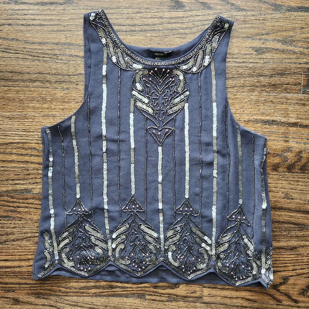Grey and Silver Beaded Tank Top